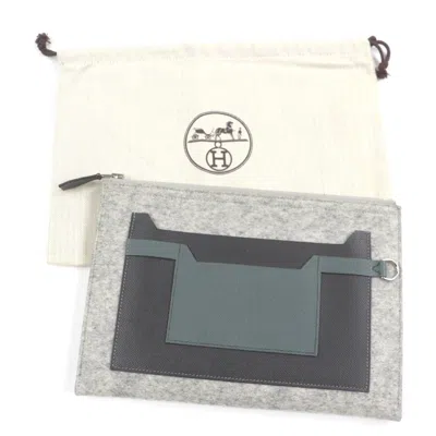 Pre-owned Hermes Gray Felt Leather Clutch Bag Pouch ()