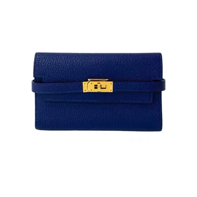 Pre-owned Hermes Navy Chevre Leather Wallet (tri-fold) () In Blue