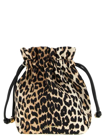 Ganni Bucket Pouch With Leopard Print In Animal Print