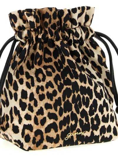 Ganni Bucket Pouch With Leopard Print In Animal Print