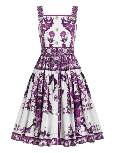 Dolce & Gabbana Midi Dress Button Detail Floral Majolica In Purple
