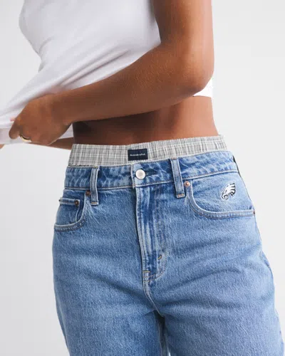 Abercrombie & Fitch Curve Love High Rise 90s Relaxed Philadelphia Eagles Embroidered Jean In Blue