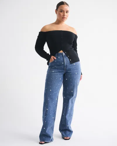 Abercrombie & Fitch Curve Love High Rise 90s Relaxed Pearl Embellished Jean In Blue