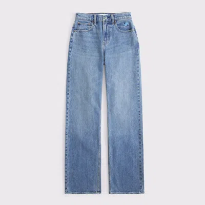 Abercrombie & Fitch Curve Love High Rise 90s Relaxed Detroit Lions Embroidered Jean In Blue
