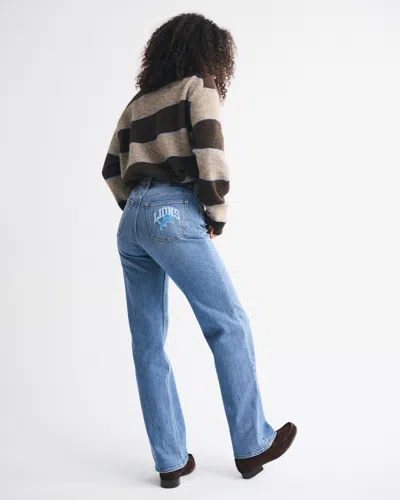 Abercrombie & Fitch Curve Love High Rise 90s Relaxed Detroit Lions Embroidered Jean In Blue