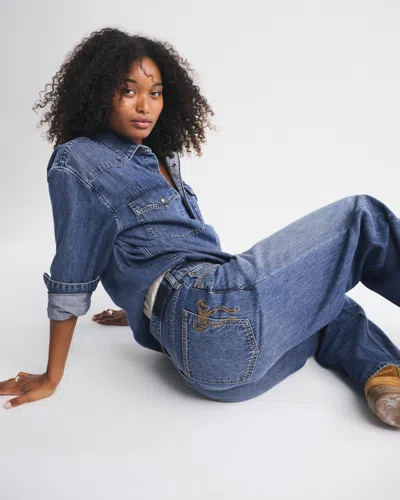 Abercrombie & Fitch Curve Love Low Rise Ultra Loose Bow Embroidered Jean In Blue