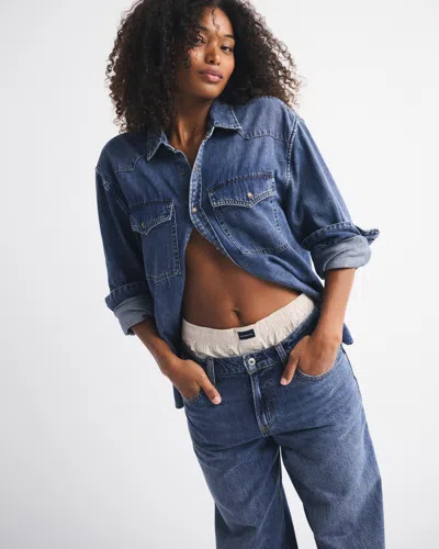 Abercrombie & Fitch Curve Love Low Rise Ultra Loose Bow Embroidered Jean In Blue