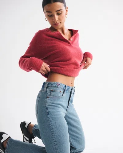 Abercrombie & Fitch Curve Love Mid Rise 90s Straight Heart Embroidered Jean