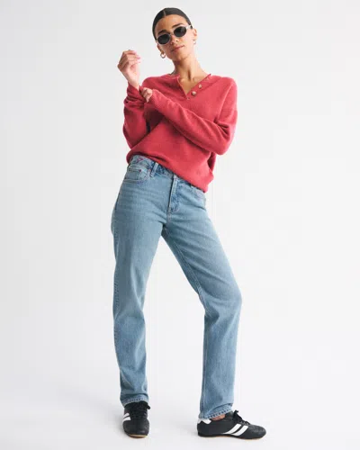 Abercrombie & Fitch Curve Love Mid Rise 90s Straight Heart Embroidered Jean