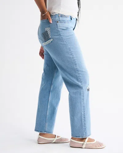 Abercrombie & Fitch Curve Love Mid Rise 90s Straight Patchwork Pocket Jean