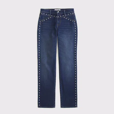 Abercrombie & Fitch Curve Love Mid Rise 90s Straight Studded Jean In White