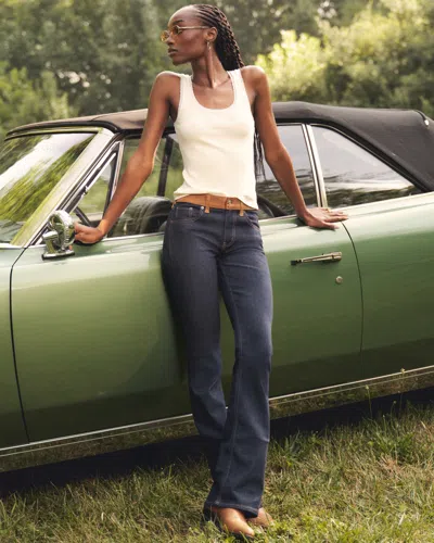 Abercrombie & Fitch Mid Rise Bootcut Vegan Suede Waistband Jean In Blue