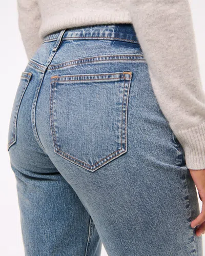 Abercrombie & Fitch Curve Love Mid Rise Bootcut Frayed Hem Jean In Blue