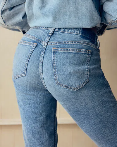 Abercrombie & Fitch Curve Love Mid Rise Bootcut Frayed Hem Jean In Blue