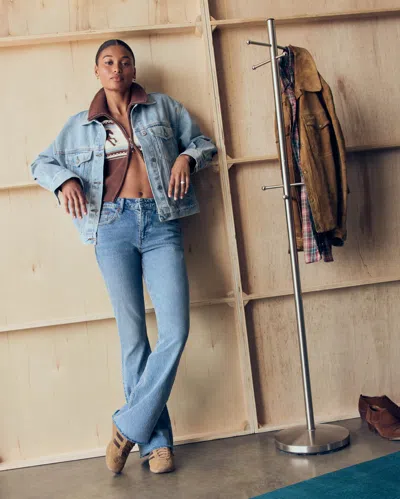 Abercrombie & Fitch Curve Love Mid Rise Bootcut Frayed Hem Jean In Blue