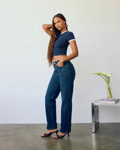 Abercrombie & Fitch Curve Love Mid Rise 90s Straight Jean In Blue