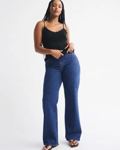 Abercrombie & Fitch Curve Love High Rise 90s Relaxed Floral Embroidered Jean In Blue