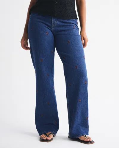 Abercrombie & Fitch Curve Love High Rise 90s Relaxed Floral Embroidered Jean In Blue