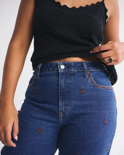 Abercrombie & Fitch Curve Love High Rise 90s Relaxed Floral Embroidered Jean In Blue