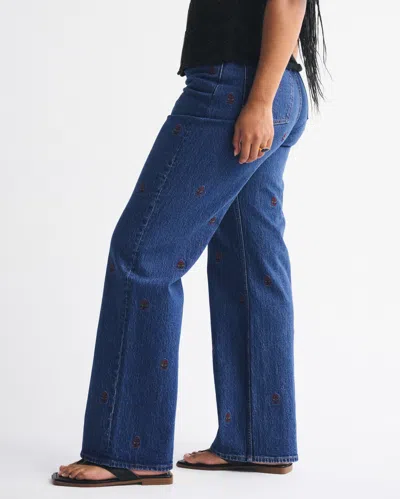Abercrombie & Fitch Curve Love High Rise 90s Relaxed Floral Embroidered Jean In Blue