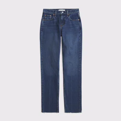 Abercrombie & Fitch Curve Love Mid Rise 90s Straight Frayed Hem Jean In Blue