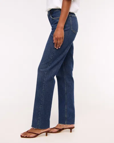 Abercrombie & Fitch Curve Love Mid Rise 90s Straight Frayed Hem Jean In Blue