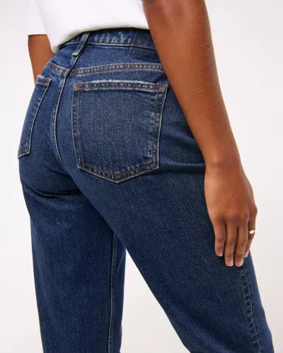 Abercrombie & Fitch Curve Love Mid Rise 90s Straight Frayed Hem Jean In Blue
