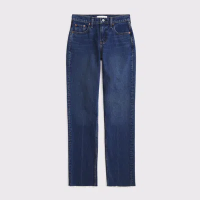 Abercrombie & Fitch Mid Rise 90s Straight Frayed Hem Jean In Blue