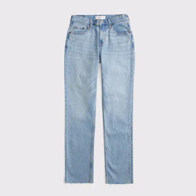 Abercrombie & Fitch Curve Love Mid Rise 90s Straight Frayed Hem Jean In Blue