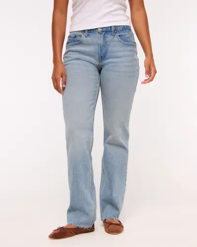 Abercrombie & Fitch Curve Love Mid Rise 90s Straight Frayed Hem Jean In Blue