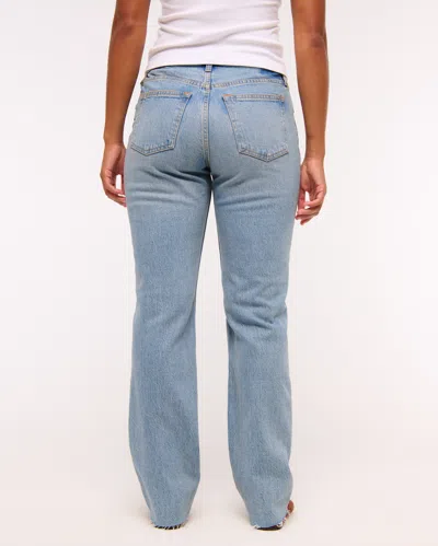 Abercrombie & Fitch Curve Love Mid Rise 90s Straight Frayed Hem Jean In Blue