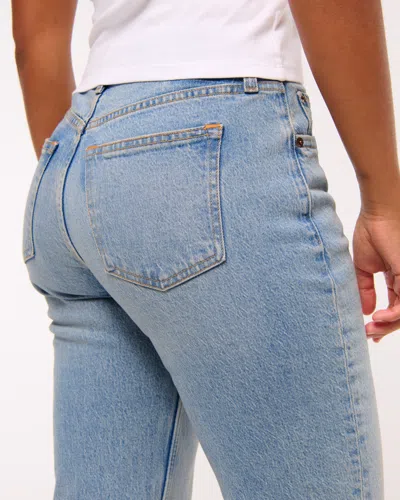 Abercrombie & Fitch Curve Love Mid Rise 90s Straight Frayed Hem Jean In Blue