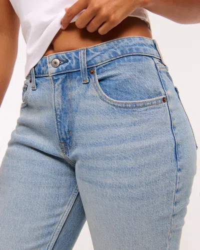 Abercrombie & Fitch Curve Love Mid Rise 90s Straight Frayed Hem Jean In Blue