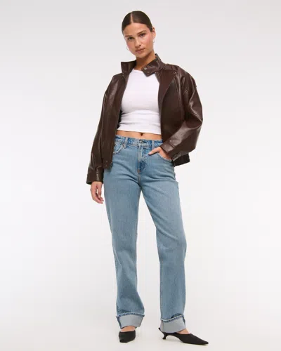 Abercrombie & Fitch Curve Love Mid Rise 90s Straight Cuffed Hem Jean In Blue