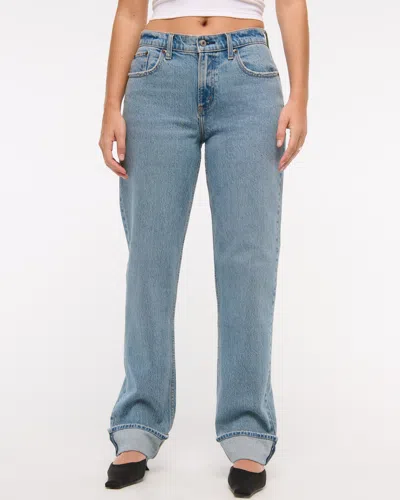 Abercrombie & Fitch Curve Love Mid Rise 90s Straight Cuffed Hem Jean In Blue