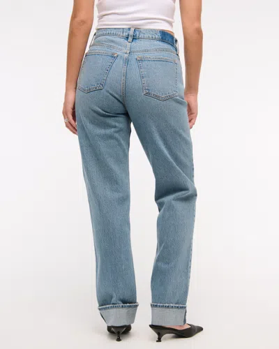 Abercrombie & Fitch Curve Love Mid Rise 90s Straight Cuffed Hem Jean In Blue