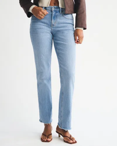 Abercrombie & Fitch Curve Love Mid Rise 90s Straight Raw Hem Jean In Blue