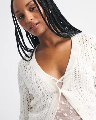 Abercrombie & Fitch Pointelle Shrunken V-neck Cardigan In White