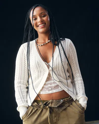 Abercrombie & Fitch Pointelle Shrunken V-neck Cardigan In White