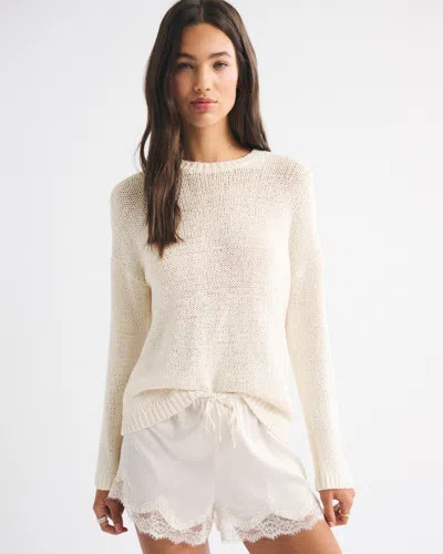 Abercrombie & Fitch Open-stitch Textural Crew Sweater In White