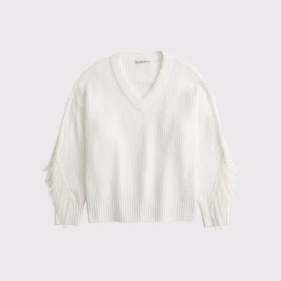 Abercrombie & Fitch Fringe Dad V-neck Sweater In White