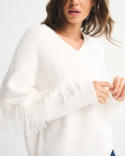 Abercrombie & Fitch Fringe Dad V-neck Sweater In White