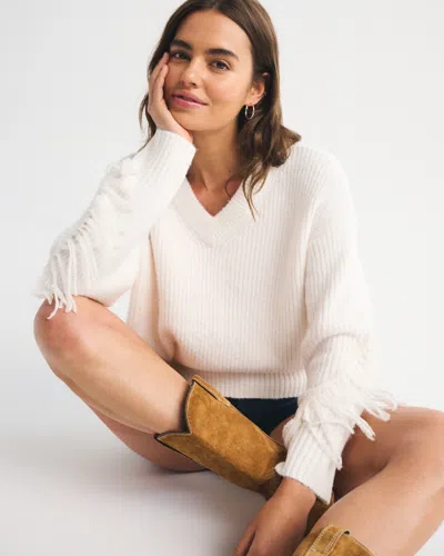 Abercrombie & Fitch Fringe Dad V-neck Sweater In White