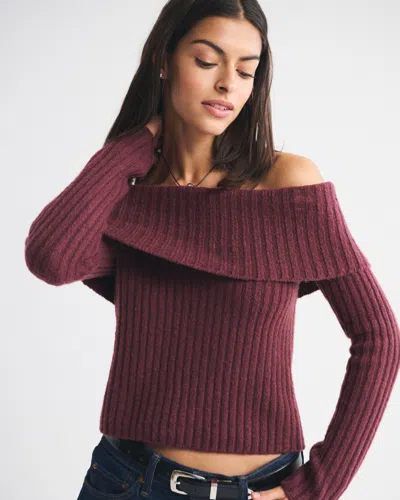 Abercrombie & Fitch Ribbed Foldover Off-the-shoulder Sweater In Red