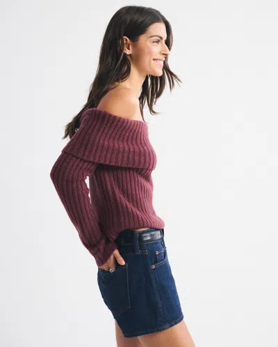 Abercrombie & Fitch Ribbed Foldover Off-the-shoulder Sweater In Red