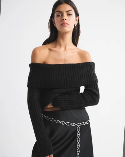 Abercrombie & Fitch Ribbed Foldover Off-the-shoulder Sweater In Black