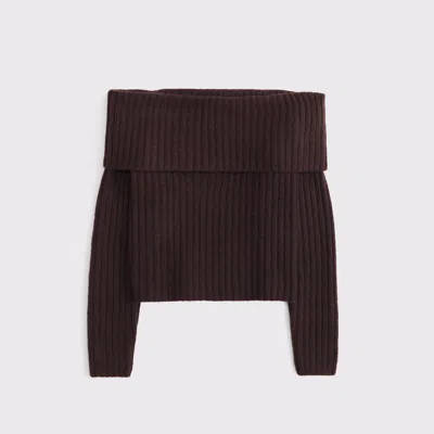 Abercrombie & Fitch Ribbed Foldover Off-the-shoulder Sweater In Brown