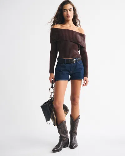 Abercrombie & Fitch Ribbed Foldover Off-the-shoulder Sweater In Brown