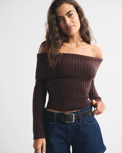 Abercrombie & Fitch Ribbed Foldover Off-the-shoulder Sweater In Brown