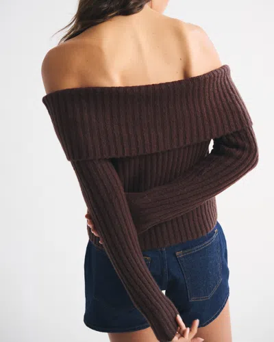 Abercrombie & Fitch Ribbed Foldover Off-the-shoulder Sweater In Brown